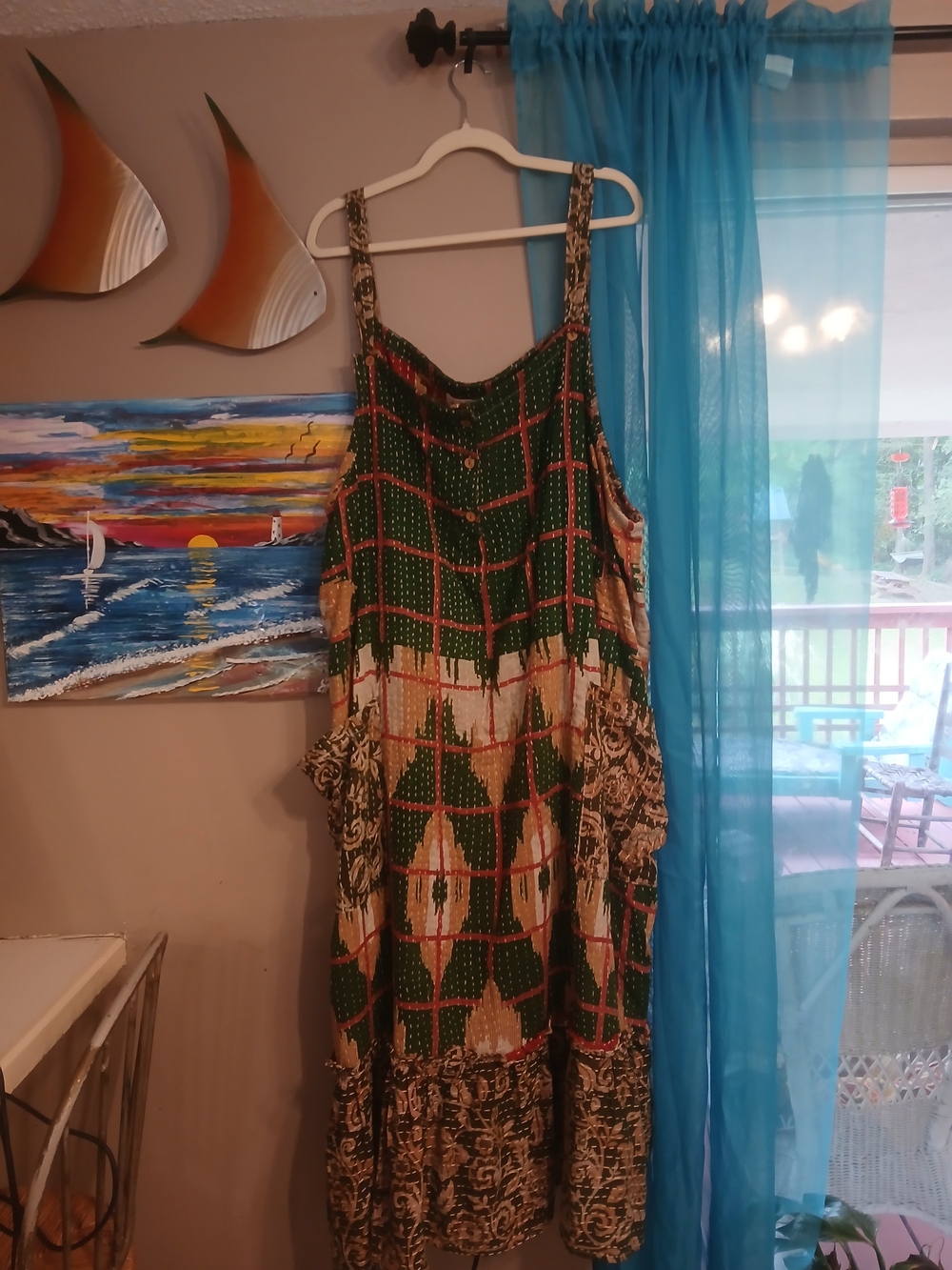 Green Printed Maxi Sundress with Mixed Patterns